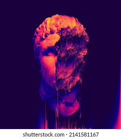 Glitch Pixel Sorting Orange And Blue Color Vaporwave Style Illustration Of Glitched Damaged Classical Sculpture Head From 3D Rendering Isolated On Background.