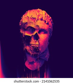 Glitch pixel sorting orange retrowave style illustration of glitched half skull classical sculpture head from 3D rendering in the style of modern digital graphics isolated on black background.