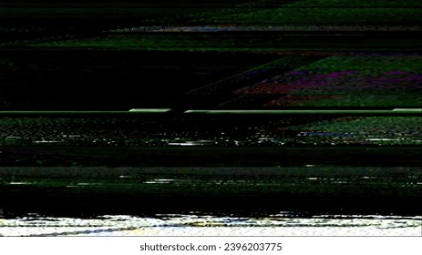 Glitch texture. Analog noise overlay. Signal interference. White green purple color static distortion grain lines on dark black abstract free space illustration background.