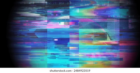 Glitched broken computer screen with random pixel noise and colorful aberrations.