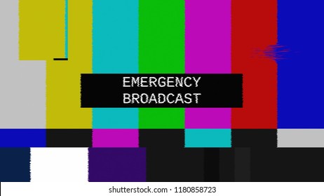 Glitched Transmission, Distorted Noisy Signal Of SMPTE Color Bars (a Television Screen Test Pattern) With The Text Emergency Broadcast.