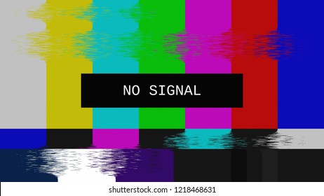 Glitched Transmission, Distorted Noisy SMPTE Color Bars (a Television Screen Test Pattern) With The Text No Signal.
