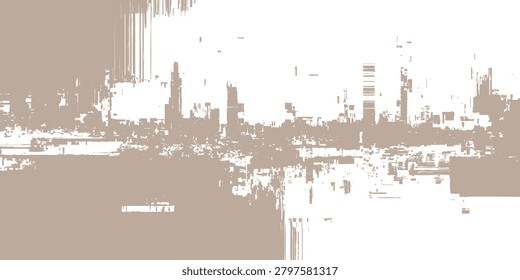 Glitchy cityscape with distorted buildings and abstract digital effects in sepia tone urban landscape