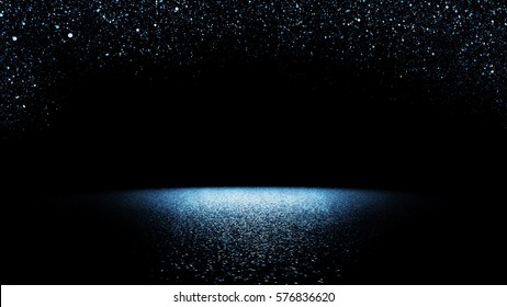 glitter background - twinkling blue glitter falling on a flat surface lit by a bright spotlight (3d illustration)