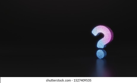 glitter neon violet pink ombre symbol of question mark 3D rendering on black background with blurred reflection with sparkles