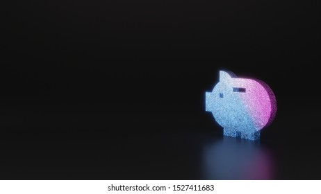 glitter neon violet pink ombre symbol of piggy bank 3D rendering on black background with blurred reflection with sparkles
