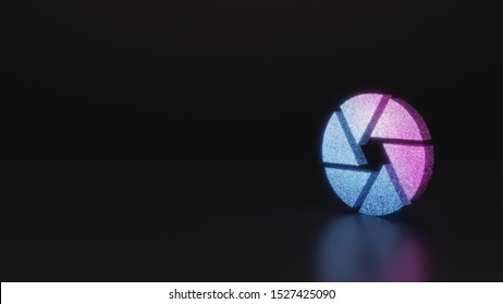 Glitter Neon Violet Pink Ombre Symbol Of Camera Aperture 3D Rendering On Black Background With Blurred Reflection With Sparkles