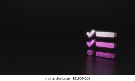 glitter pink silver symbol of three lines and check marks 3D rendering on black background with blurred reflection with sparkles