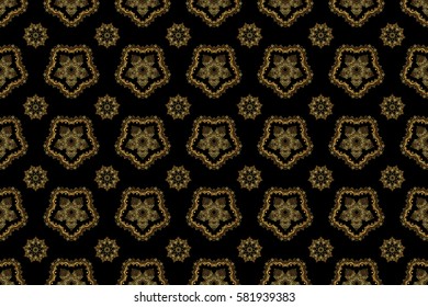 Glittering background illustration on black backdrop. Raster seamless golden Christmas ornament pattern.
