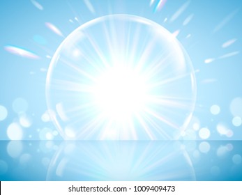 Glittering giant bubble effect, transparent bubble with glowing lights isolated on blue background in 3d illustration