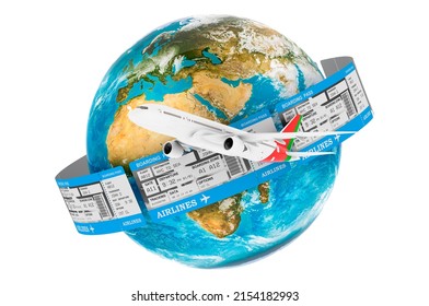 Global Air Travel Concept. Earth Globe With Tickets Around And Airplane, 3D Rendering Isolated On White Background