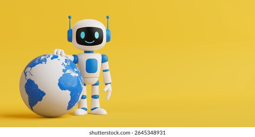 Global Artificial Intelligence Concept. Friendly AI Robot Standing With Earth Globe On Yellow Background. 3d Rendering