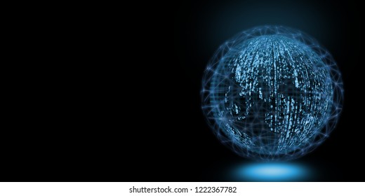 Global big data concept. Globe created from glowing binary (zero and one) text with wire mesh surrounding to reflect large scale data processing across world through network collaboration. 