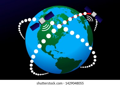 Global Broadband Internet. Satellite Constellation Development Project.  Space-based Orbital Internet Communication System.  Satellites Flying In Earth Orbit.  Illustration