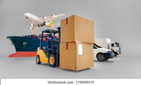 Das weltweite Geschäft des Containerfrachtzuges für den logistischen Import, Business Logistics Konzept , Luftfrachtwagen , Seeschifffahrt , On-time-Lieferung. 3D-Darstellung.