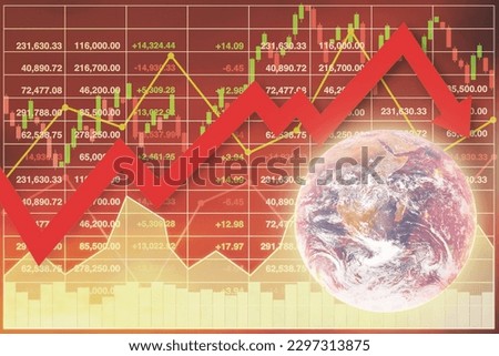 Global business down image with graph, chart, candlesticks, number and big red arrow down with hot read earth used for business presentation background.Earth image furnished by NASA.