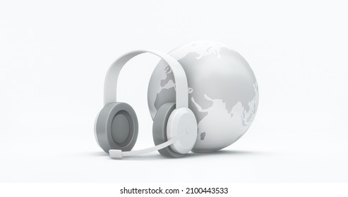 Global Call Center Contact Headset Communication Icon Of Business Help Assistance Service Support Symbol Or Customer Hotline Receiver And Phone Chat Operator Headphone Isolated On White 3d Background.