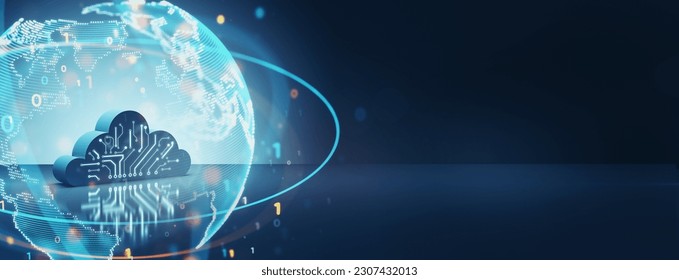 Global cloud computing, information, data exchange and storage concept with digital cloud symbol and digital world sphere on abstract dark blue technological background. 3D rendering