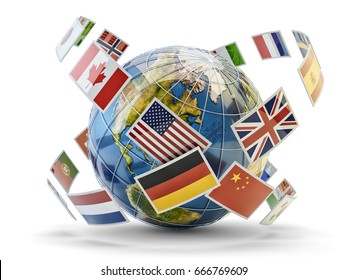 Global Communication And International Messaging Concept, National Flags Of World Countries Around Earth Globe Isolated On White, 3d Illustration (Elements By NASA)