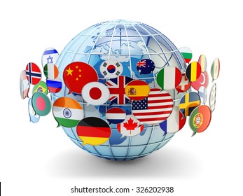 Global Communication, International Messaging And Translation Concept, Speech Bubbles With Flags Of World Countries Around Earth Globe Isolated On White (Elements Of This Image Furnished By NASA)