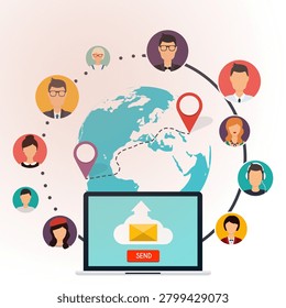 Global communication made simple. Connect with people across the world instantly through digital messaging and cloud technology. This modern illustration represents worldwide networking, online collaboration, email marketing, remote communication, and seamless information sharing in the digital age. Perfect for business, technology, social networking, and global connectivity concepts.