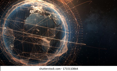 Global Communication Network Concept, The Planet Earth At Night With Node Connection, Business Expansion Worldwide Background, 3D Rendering.