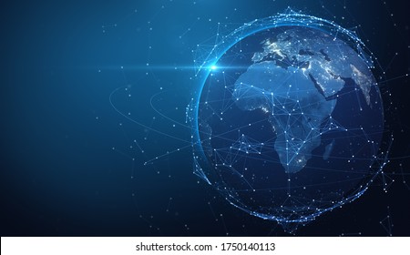 Global Communication Network Concept, The Planet Earth At Night With Node Connection, Business Expansion Worldwide Background, 3D Illustration.