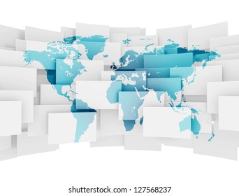 Global Communication World Map On 3d Squares