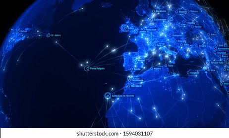 Global Communications Over Europe, Africa And America. Arrows Fly Among Cities. Global Connections. Flight Paths. 3D Rendering. City Names: Detroit, Dublin, London, Madrid, Turin, Budapest, Sofia.