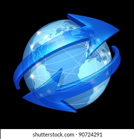 Global Communications Symbol  On Black As Connections Concept On Blue International World Globe With Two Curved Arrows As A Social Exchange And Trade Icon For Digital Media Content Distribution.