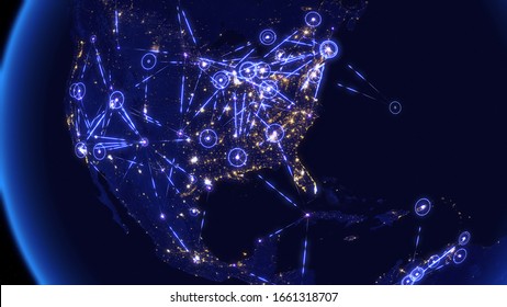 Global Communications Through the Network of Connections Over the North America. Concept of Internet, Social Media, Traveling, Flight Routes Around the World. 3D Illustration.