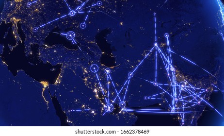 Global Communications Through the Network of Connections Over Near East and India. Concept of Internet, Social Media, Traveling, Flights or Logistics. 3D Illustration.