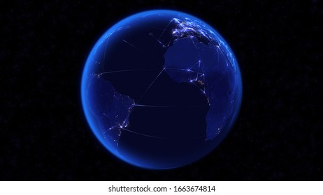 Global Communications Through the Network of Connections Over Europe, Africa and America. Concept of Internet, Social Media, Traveling. High Resolution Texture of City Lights. 3D Illustration