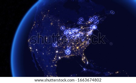 Global Communications Through the Network of Connections Over USA and Canada. Concept of Internet, Social Media, Traveling or Logistics. High Resolution Texture of City Lights. 3D Illustration