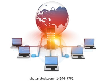 Global Computer networking. Server with laptops.  3d illustration	
