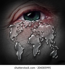 Global Crisis And Globe Stress With A Human Tear Drop Flowing From A Sad Eye Shaped As A World Map As A Concept For Environmental Damage To The Planet Or An Economic International Problem Concept.