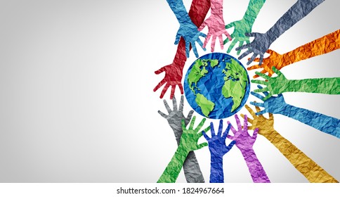 Global culture and world diversity or earth day as a concept of diverse people and crowd cooperation symbol as hands holding together the planet earth in a 3D illustration style.