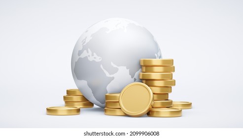 Global Currency Of Business Banking Finance Price Or Gold Coin Icon And Investment Golden Foreign Money Exchange Symbol Isolated On White 3d Financial Stock Background With Economy Dollar Cash Sign.