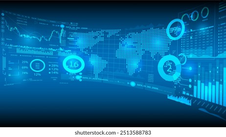 Global data analytics dashboard with charts, graphs, and world map showing financial and market trends. financial reports, data analysis, and business marketing. illustration.