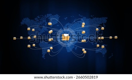 Global data file sharing network showing folders connected over a digital world map, and secure communication. Technology big data digital background. 3d rendering