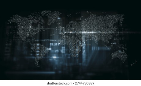Global data network world map with matrix style grid, glowing HUD interface and streaming light trails, futuristic internet, IoT connectivity and digital simulation background