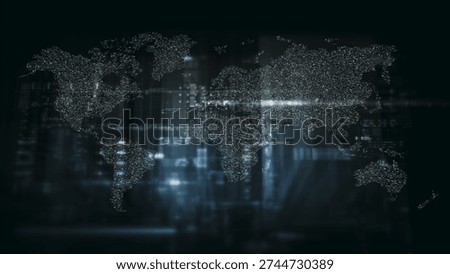 Global data network world map with matrix style grid, glowing HUD interface and streaming light trails, futuristic internet, IoT connectivity and digital simulation background