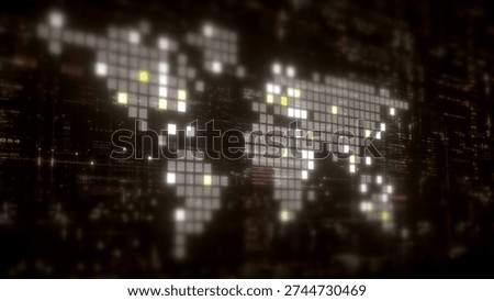 Global data network world map with matrix style grid, glowing HUD interface and streaming light trails, futuristic internet, IoT connectivity and digital simulation background