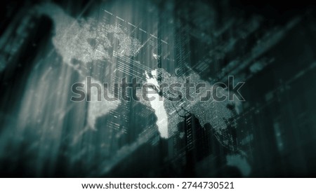 Global data network world map with matrix style grid, glowing HUD interface and streaming light trails, futuristic internet, IoT connectivity and digital simulation background