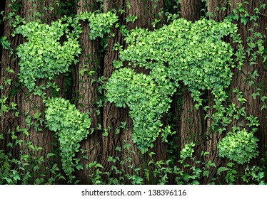 Global Development And The Green Economy As A Business Concept With A Map Of The World Made Of An Organized Group Vine Leaves Growing On Forest Trees As An Environmental Conservation Symbol.