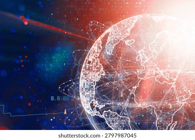 Global digital network globe with internet data icons, server numbers and connections. Financial technology, worldwide cyber security infrastructure or big data analytics banner concept