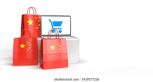 Global eCommerce, online trade and consume concept: Three 3D rendered bags with Chinese flag standing around a podium with a laptop with shopping basket on screen. White background with copy space