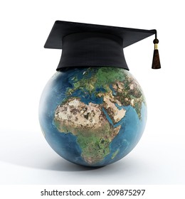 Global Education Concept With Globe And Mortarboard. Earth Map Furnished By .NASA