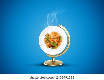 Global food concept on blue background. World food day. Food plate on globe stand on blue background. manipulation creative concept.  - Powered by Shutterstock