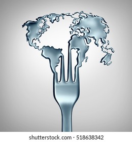 Global food concept and world cuisine symbol as a metal fork shaped as the planet earth as a metaphor for international restaurant meals or appetite and hunger in society as a 3D illustration.